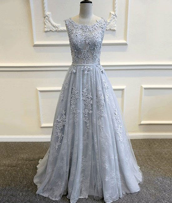 A Line Round Neck Lace Grey Prom ...